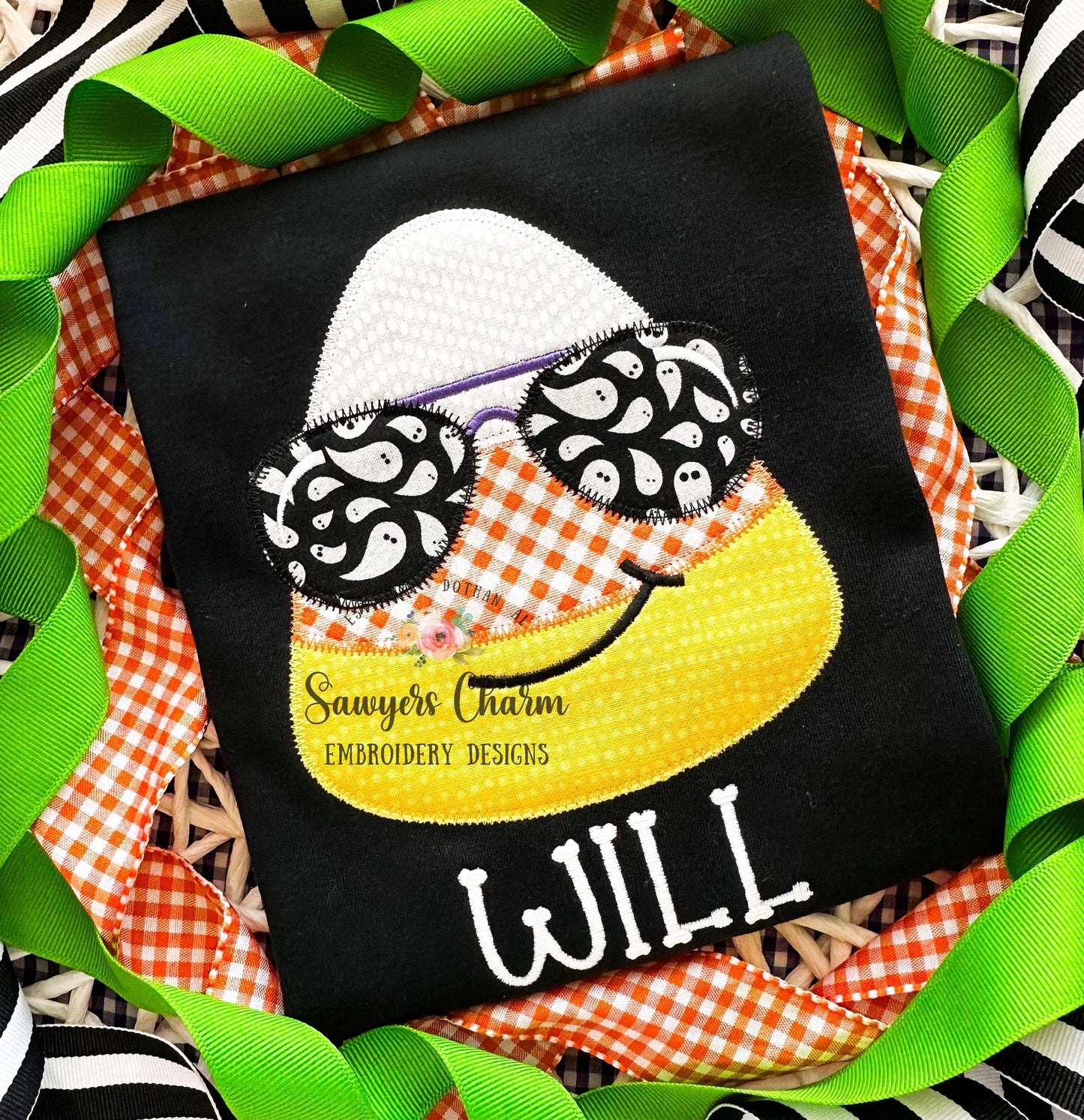 BUNDLE Candy corn with sunglasses bean & zigzag stitch machine applique embroidery design file, Halloween, spooky season, trick or treating
