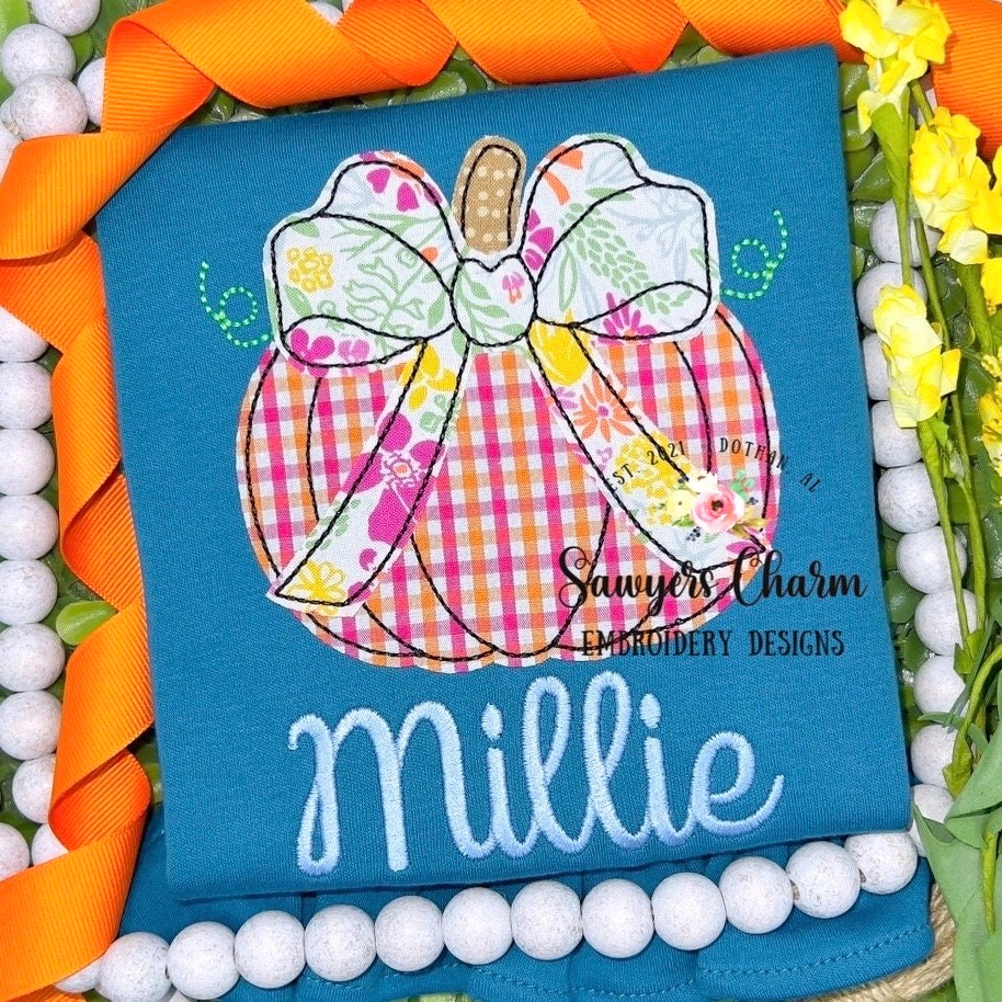 BUNDLE Pumpkin with bow bean & zigzag stitch applique, machine embroidery design file, fall, halloween, fall leaves, pumpkin patch, quick