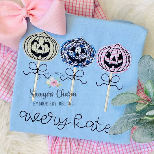 BUNDLE Halloween jackolantern lollipops trio bean & zigzag stitch applique, machine embroidery design file, with/without bows, fall pumpkin