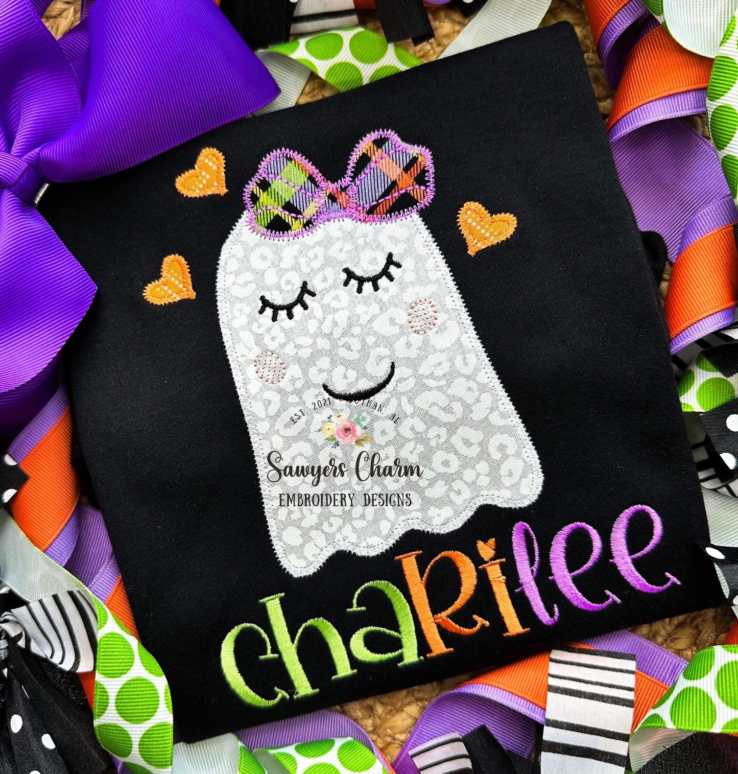 BUNDLE Ghost with bow and hearts zig zag & bean stitch applique machine embroidery design file, quick stitch, fall, halloween, spooky season