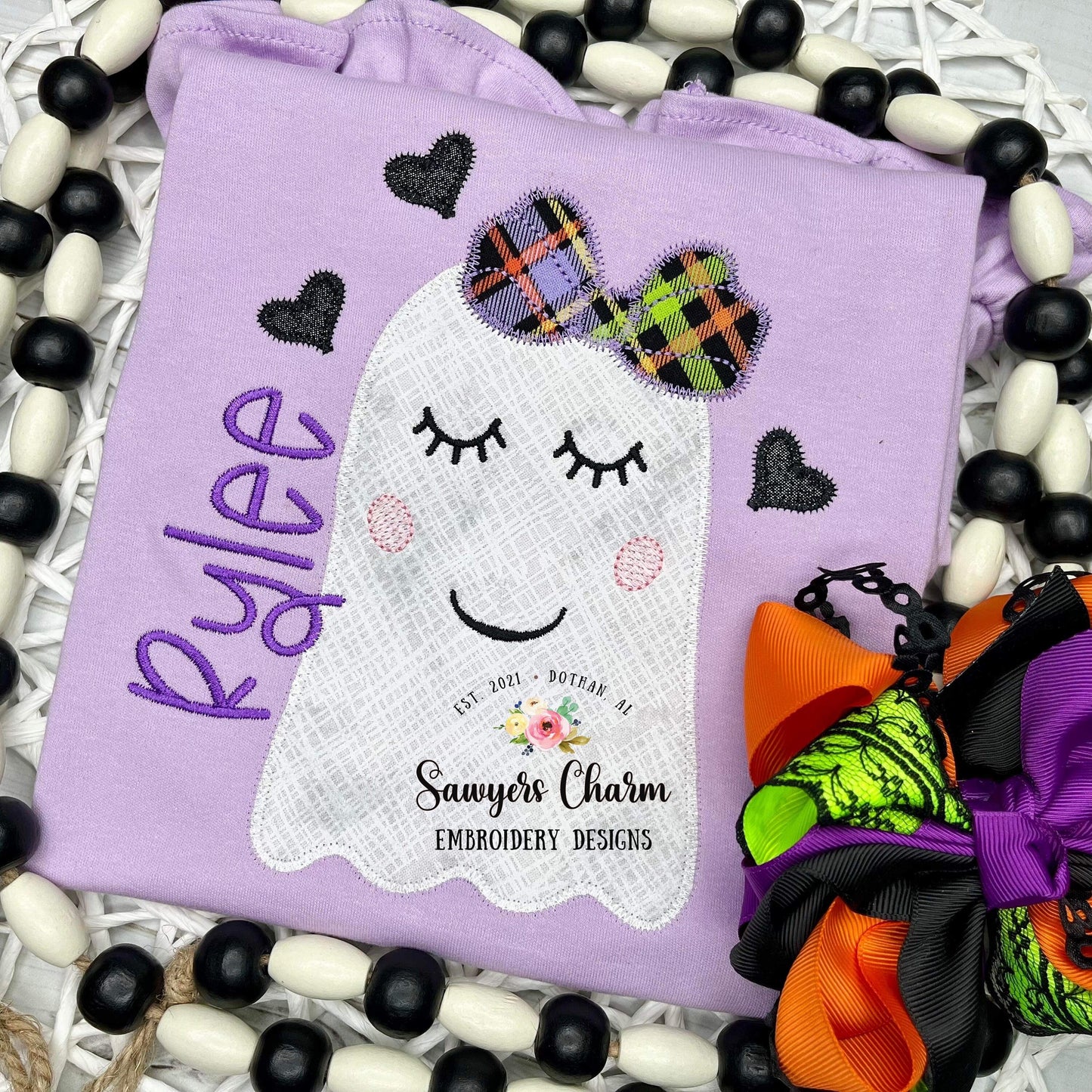 BUNDLE Ghost with bow and hearts zig zag & bean stitch applique machine embroidery design file, quick stitch, fall, halloween, spooky season