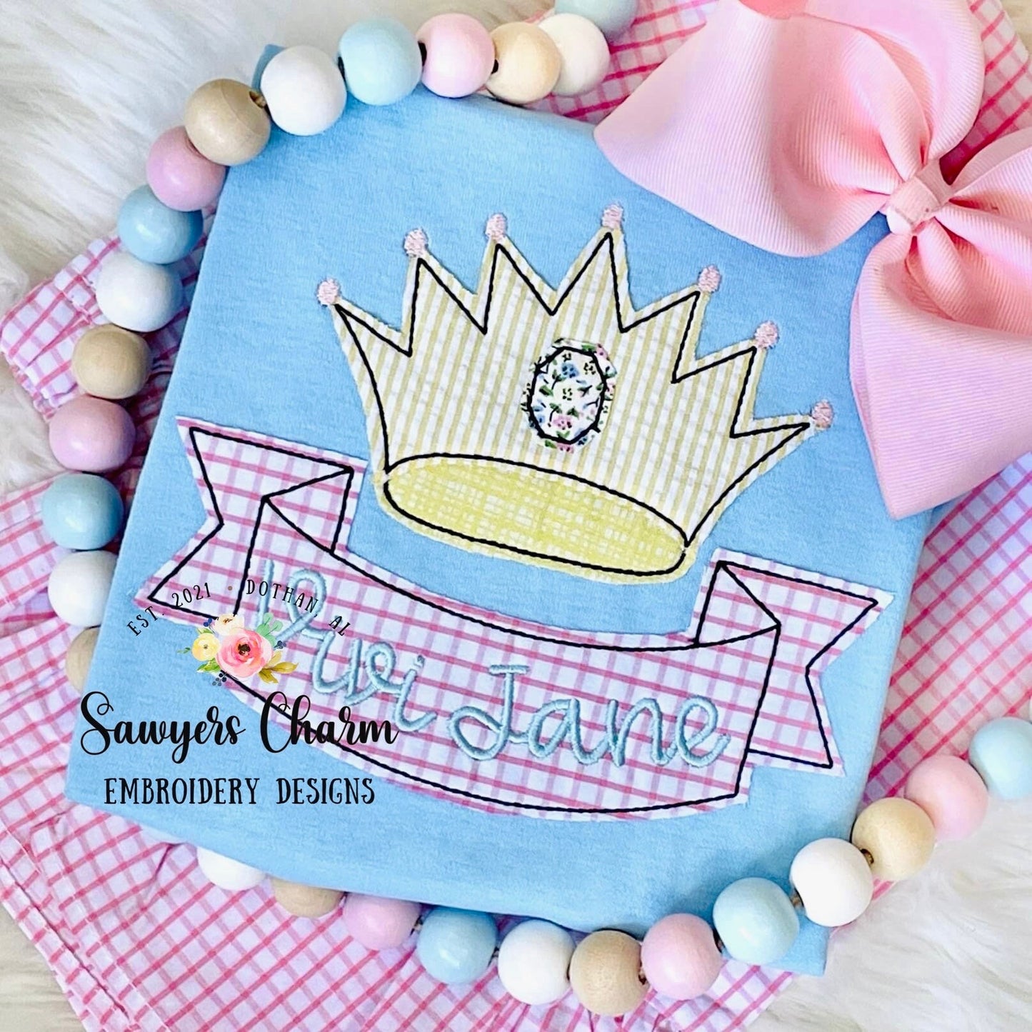 BUNDLE Crown with Curved Ribbon banner name plate/frame, machine applique embroidery design file, bean & zig zag stitch, jewels, pageant