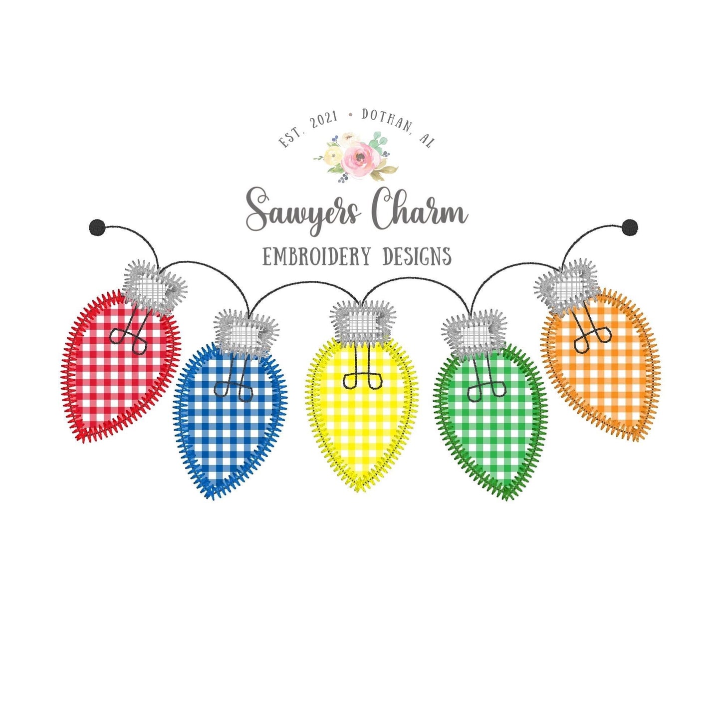 BUNDLE Christmas lights strand with & without bows bunting banner zig zag stitch machine embroidery design file, happy holiday season
