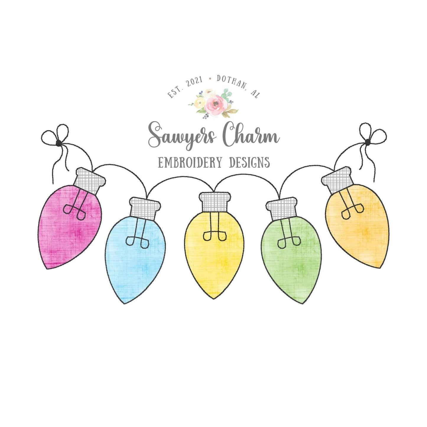 BUNDLE Christmas lights strand with & without bows bunting banner bean stitch machine embroidery design file, happy holiday season