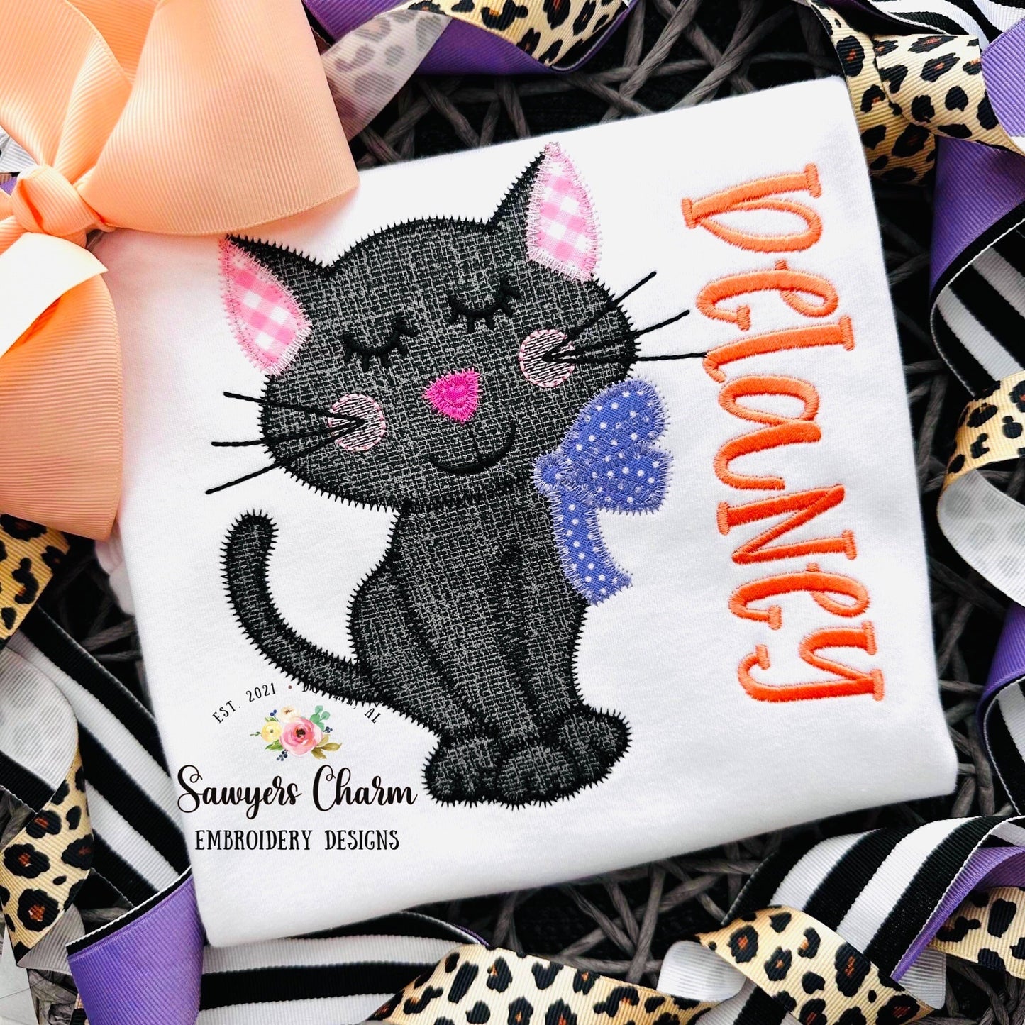 BUNDLE Sweet kitty cat with bow zig zag & bean stitch applique machine embroidery design file, fall halloween spooky season, black cat