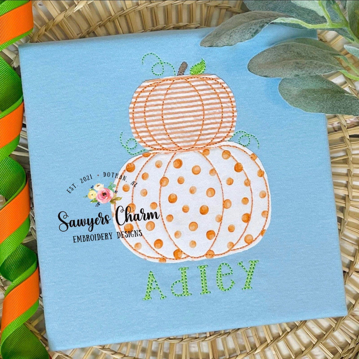 Stacked pumpkins with leaves, bean stitch applique, embroidery design file, fall, halloween, fall leaves, pumpkin patch, quick stitch