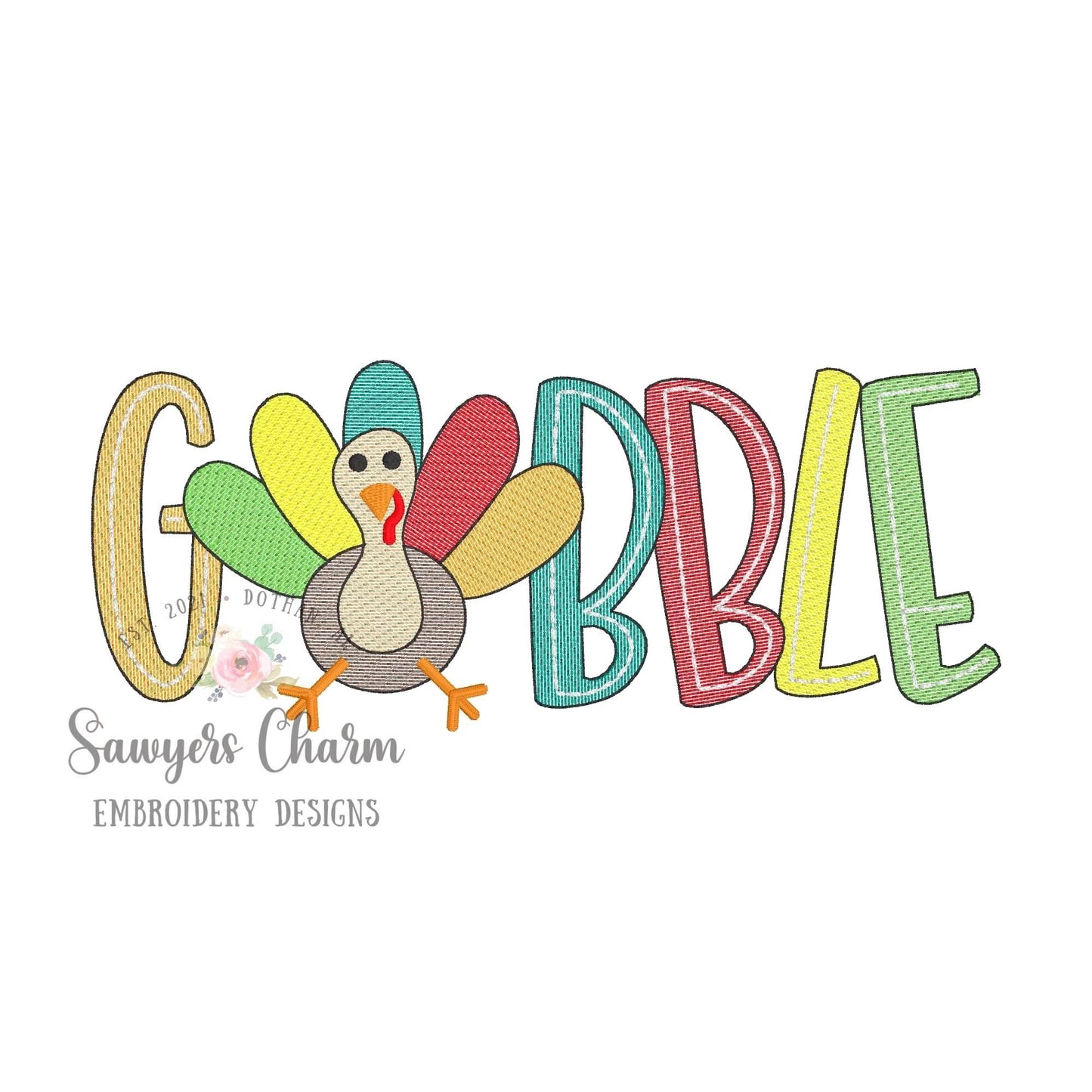 GOBBLE Turkey sketch stitch embroidery design file, fall, thanksgiving, quick stitch, bean stitch details