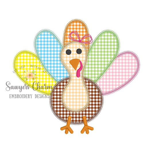 BUNDLE Turkey zig zag stitch applique with & without bows, machine embroidery design file, fall, thanksgiving, quick stitch, gobble