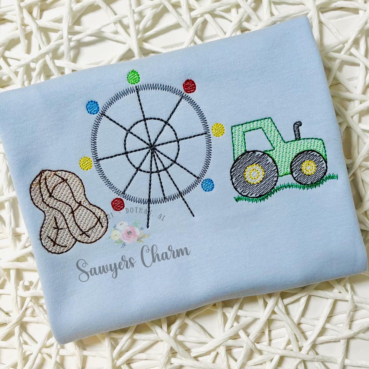 Tractor peanut ferris wheel sketch stitch machine embroidery design file, bean stitch details, farm harvest, dirt hauler, festival, fair