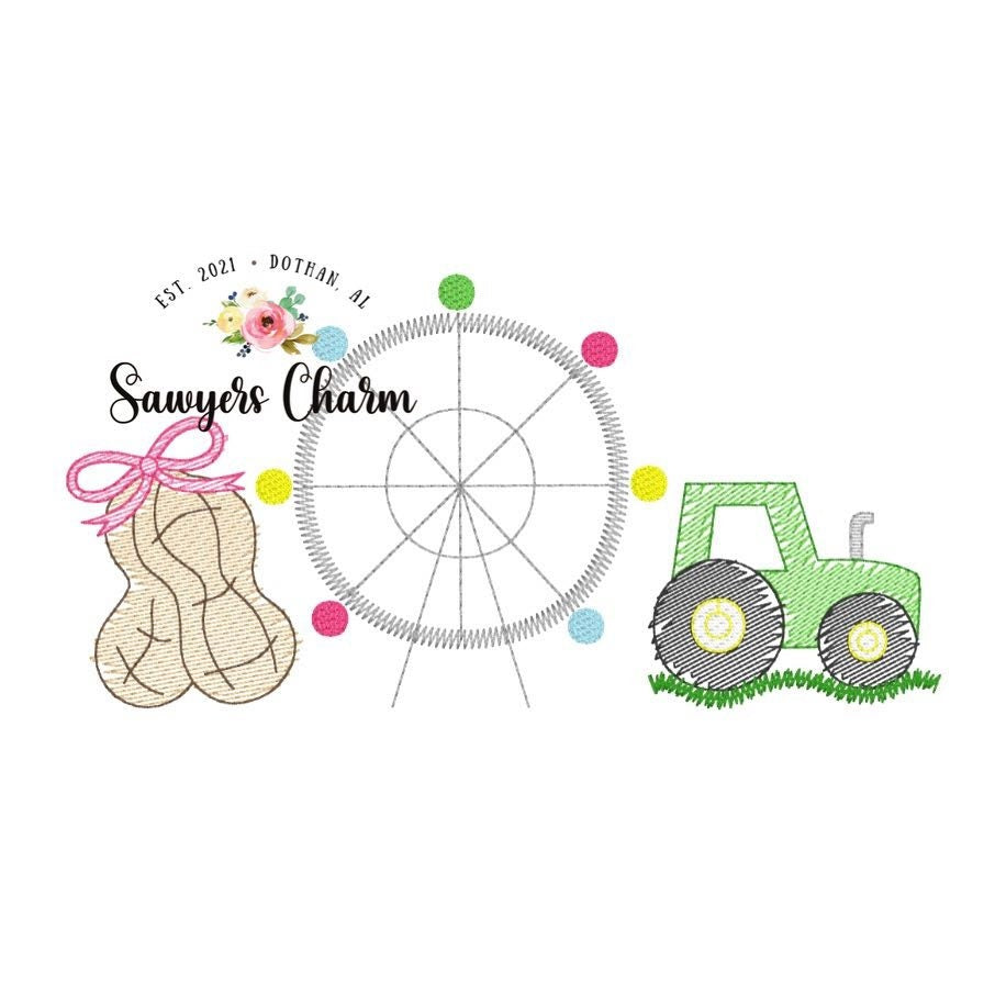 Tractor peanut with bow ferris wheel sketch stitch machine embroidery design file, bean stitch details, farm harvest, dirt hauler, festival