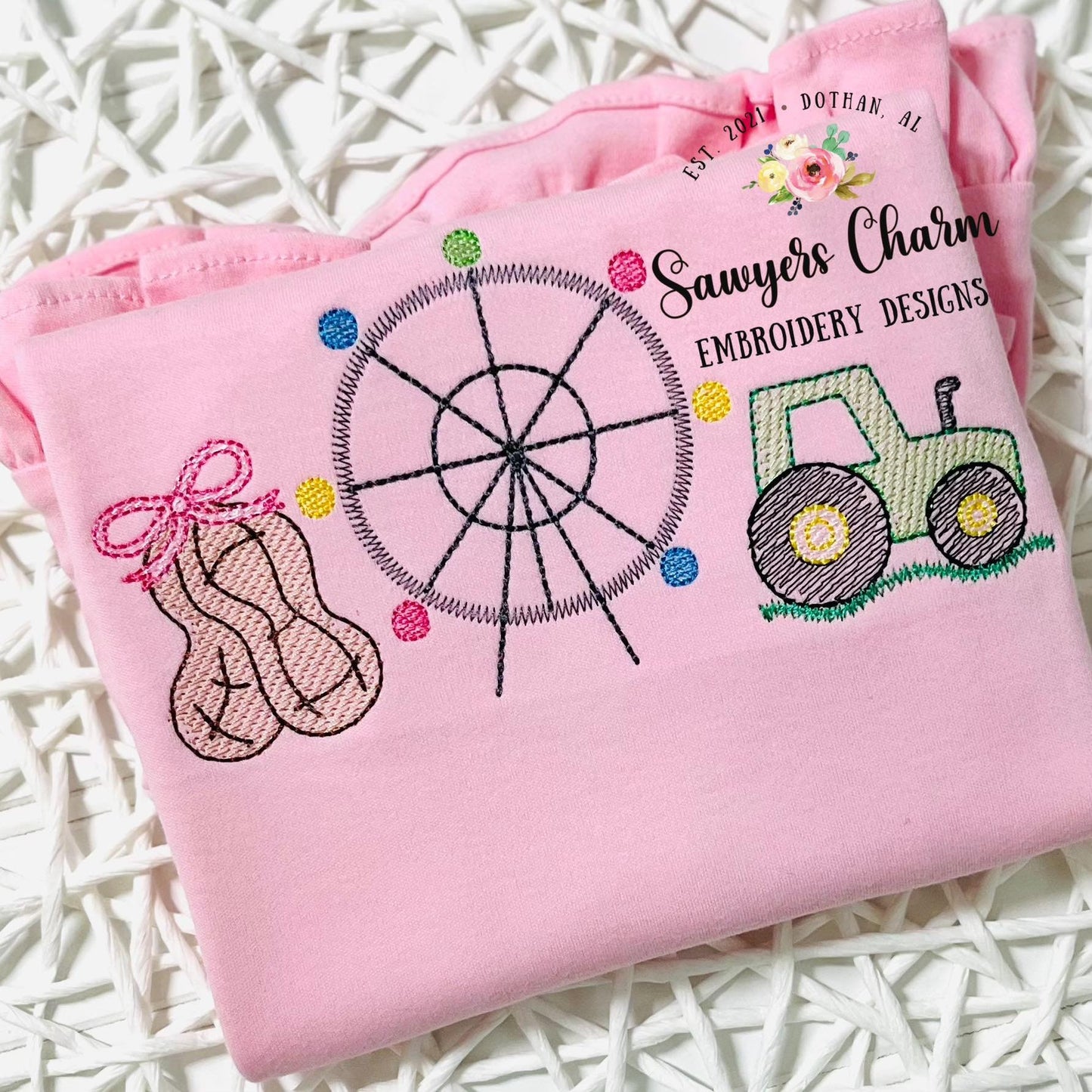 Tractor peanut with bow ferris wheel sketch stitch machine embroidery design file, bean stitch details, farm harvest, dirt hauler, festival