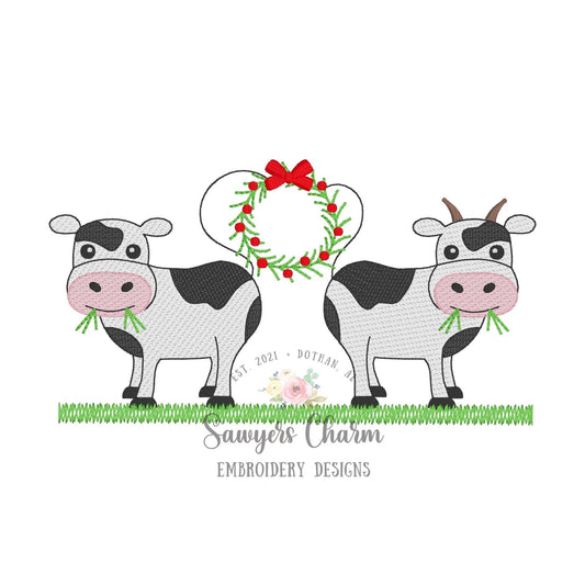Christmas Cows with wreath & bow sketch stitch machine embroidery design file, quick stitch, bean stitch, farm animals, happy holidays santa