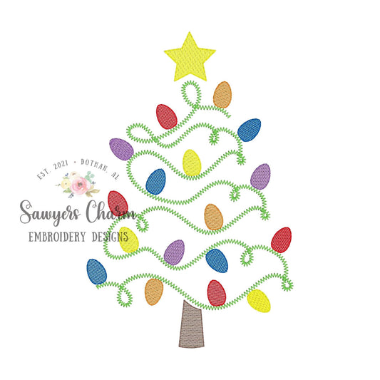 Christmas lights tree with star sketch stitch machine embroidery design file, quick stitch, happy holidays, bean and zigzag stitch details