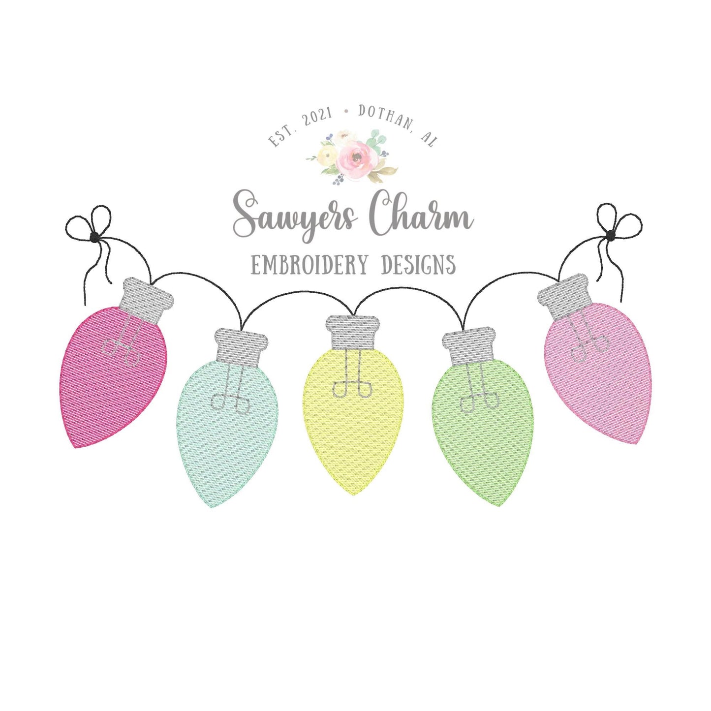 BUNDLE Christmas lights strand with & without bows bunting banner sketch stitch machine embroidery design file, happy holiday season