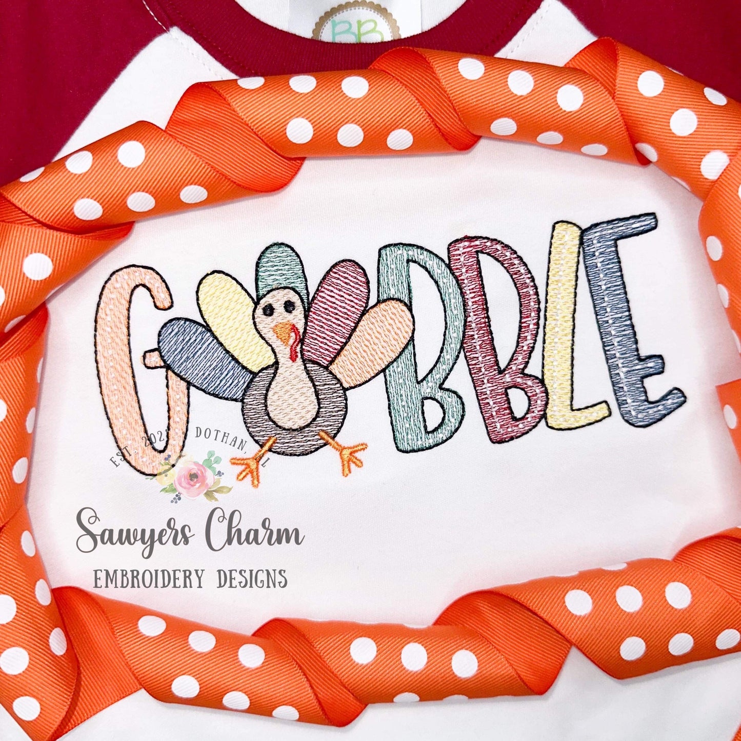 GOBBLE Turkey sketch stitch embroidery design file, fall, thanksgiving, quick stitch, bean stitch details