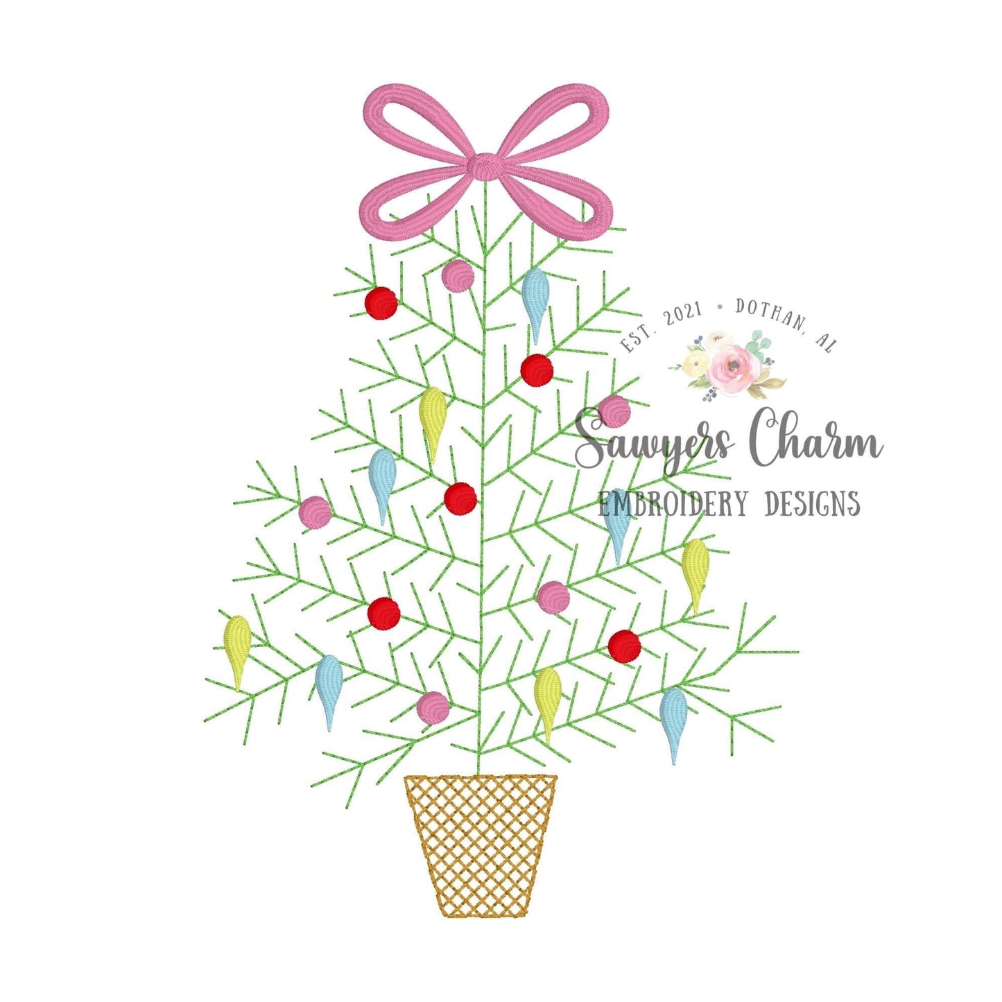 Christmas tree with bow in basket, ornaments bean stitch machine embroidery design file, quick stitch, happy holidays, whimsical, elegant