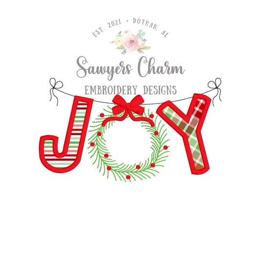 Christmas JOY wreath with bow bunting banner satin stitch applique machine embroidery design file, winter holiday, Merry Christmas