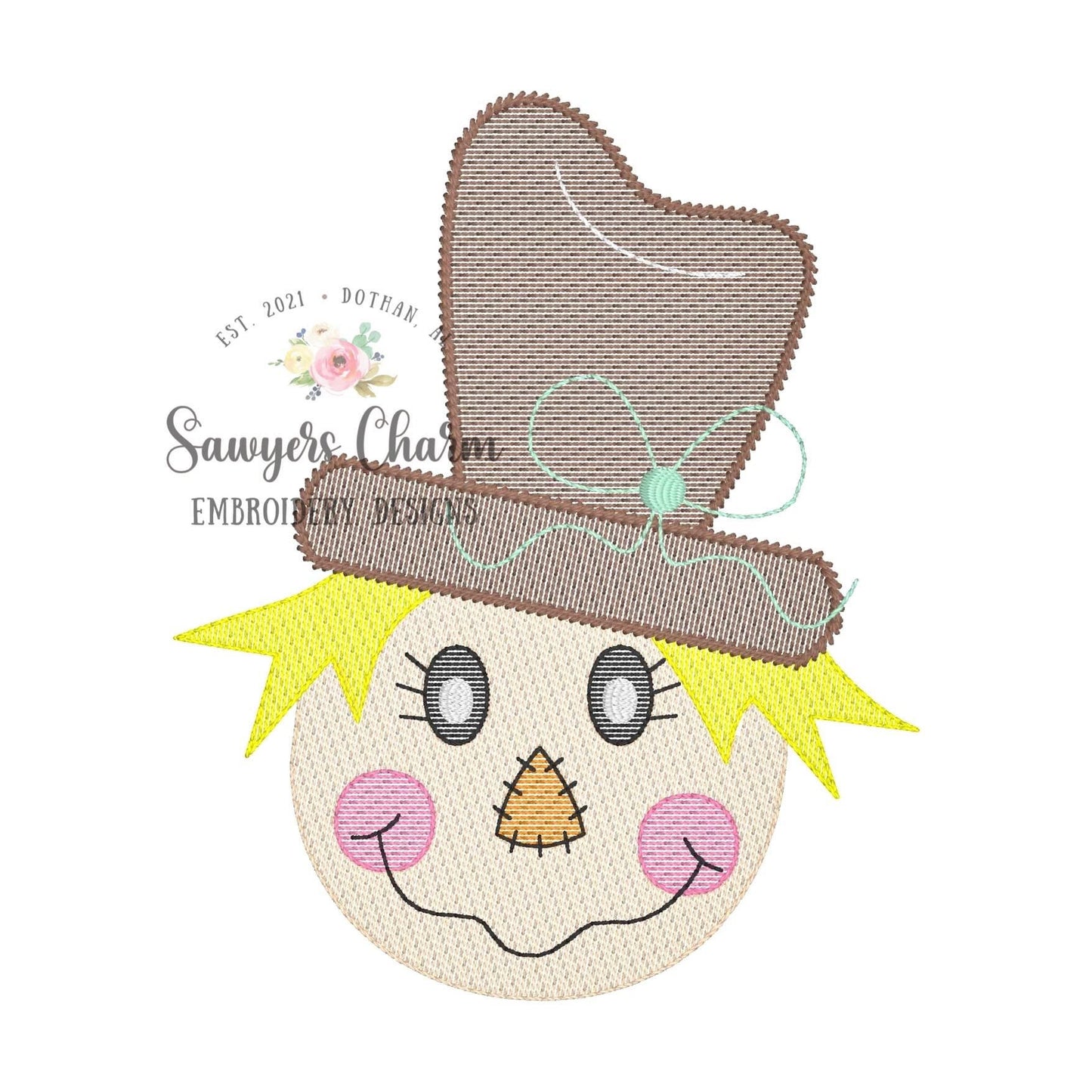 Girl Scarecrow with bow on hat sketch stitch machine embroidery design file, bean stitch details, fall, thanksgiving, quick stitch, harvest