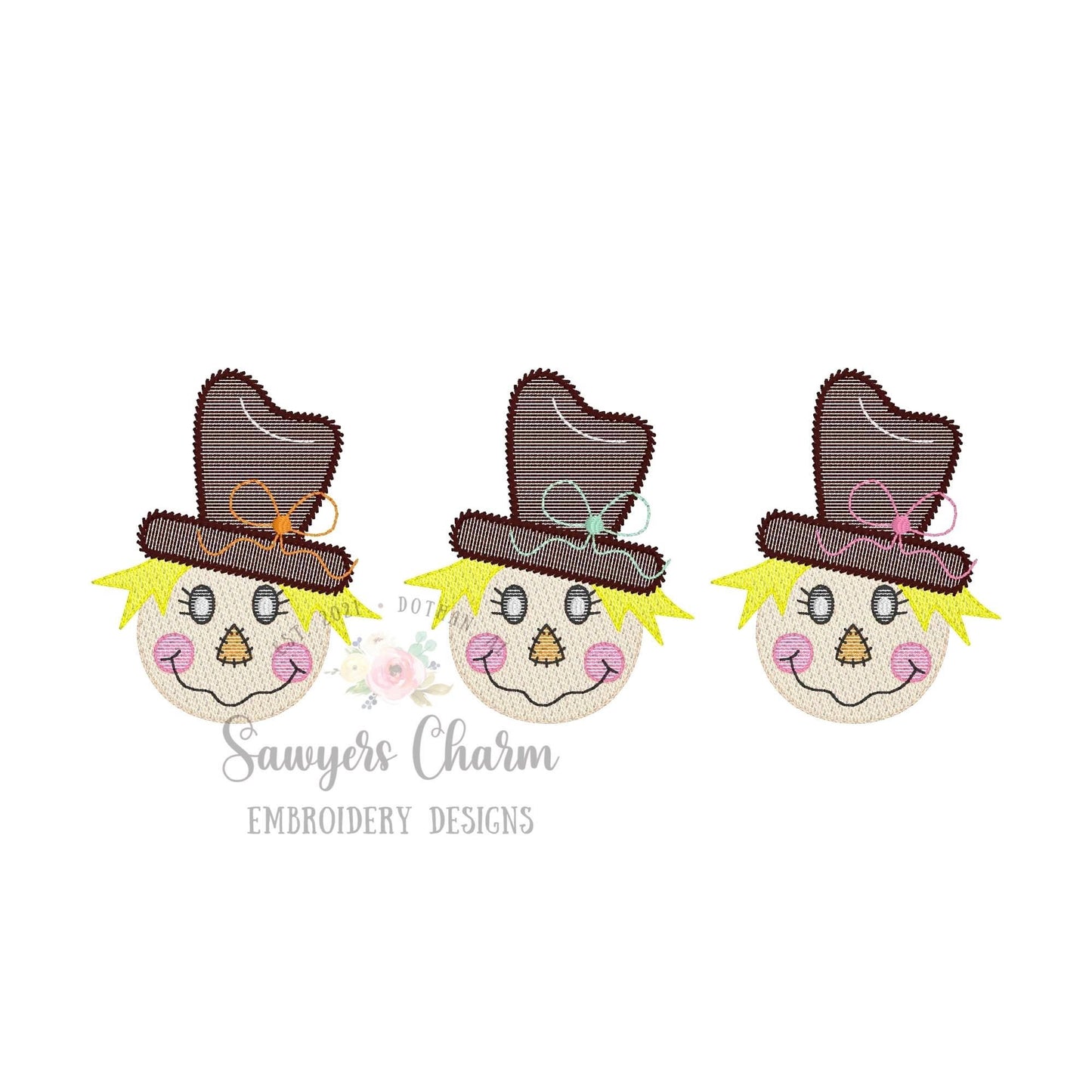 Girl Scarecrow with bow on hat sketch stitch trio, machine embroidery design file, bean stitch details, fall, thanksgiving, quick stitch