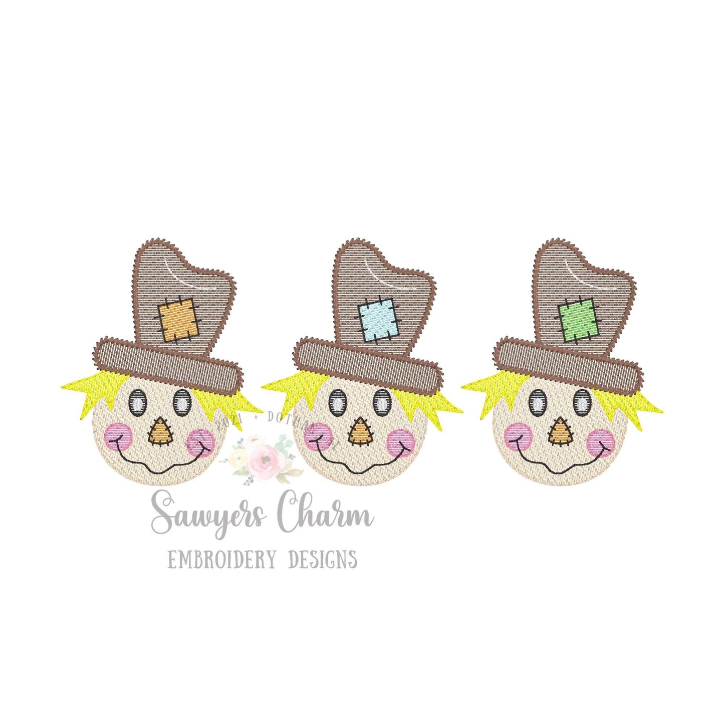 Boy Scarecrow with patch on hat sketch stitch trio, machine embroidery design file, bean stitch details, fall, thanksgiving, quick stitch