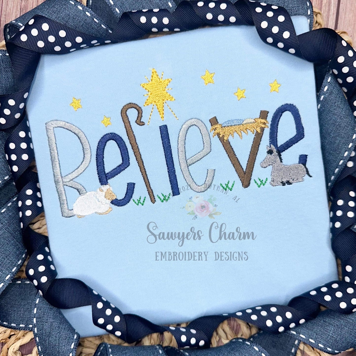 BELIEVE Baby Jesus Nativity, Bethlehem star, donkey, sheep machine embroidery design file, satin stitch letters, mini fill, Christmas story