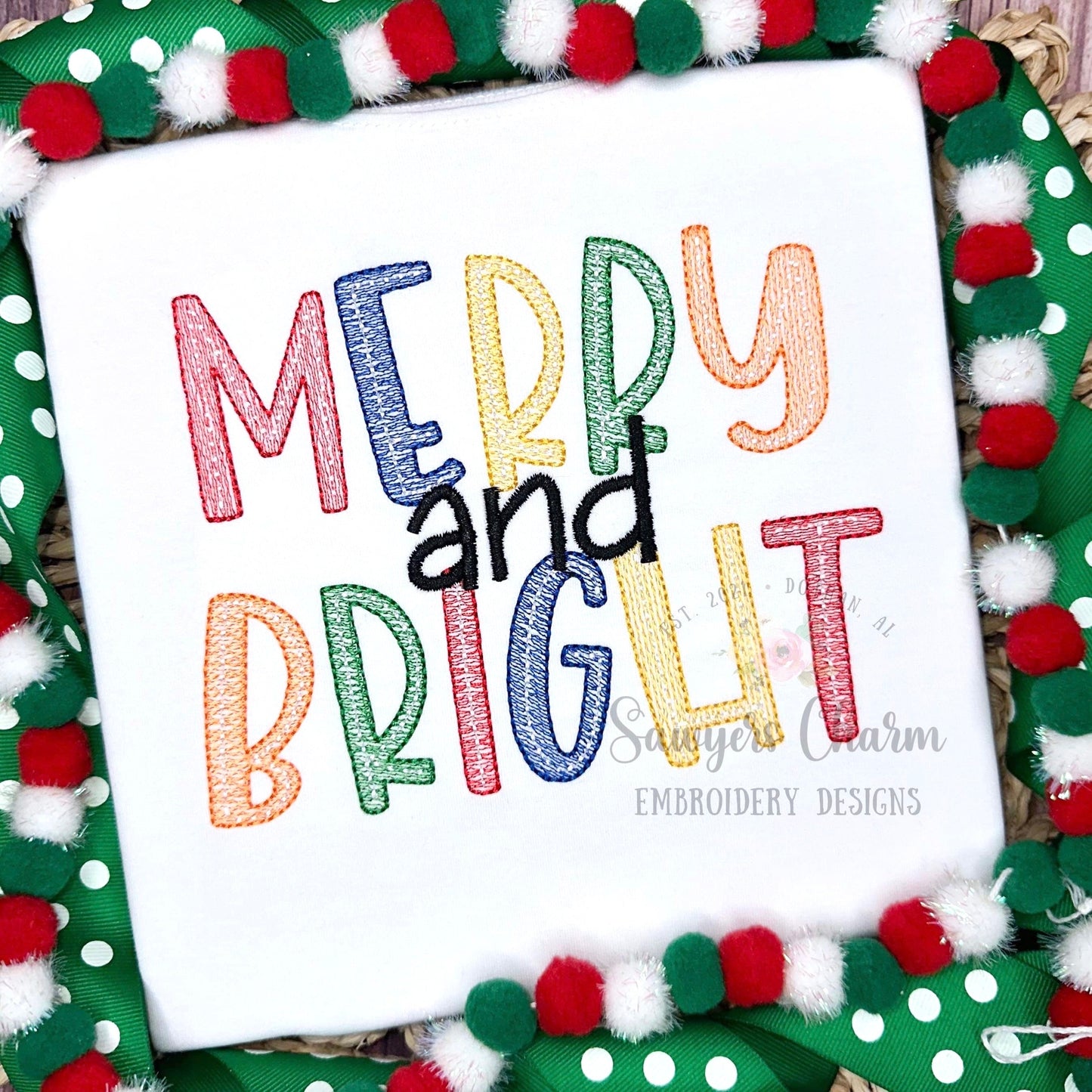 Merry & Bright sketch stitch machine embroidery design file, quick stitch, Christmas, holidays, holly jolly, santa claus, ho ho ho