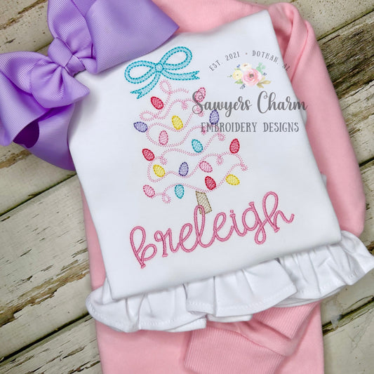 Christmas lights tree with bow sketch stitch machine embroidery design file, quick stitch, happy holidays, bean and zigzag stitch details