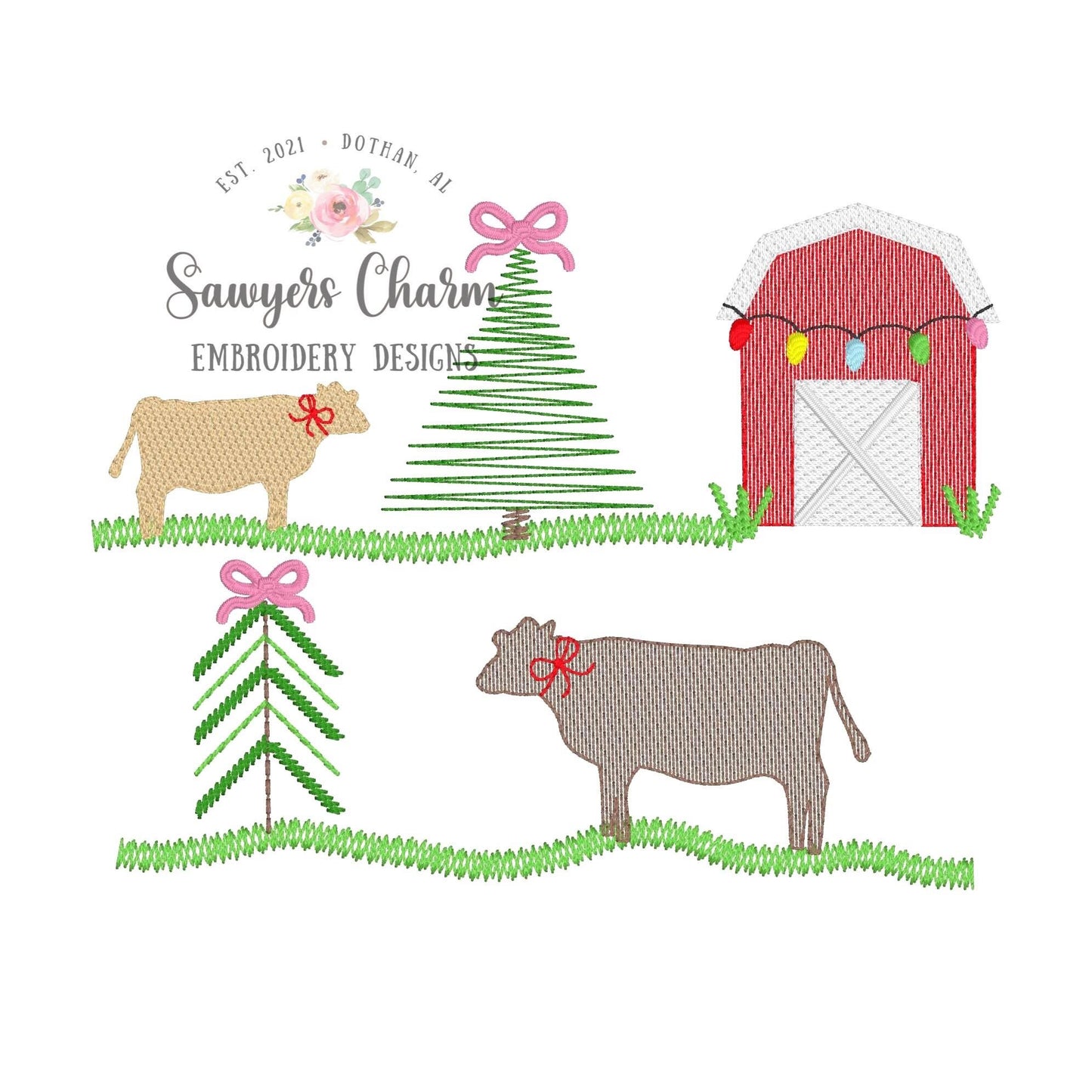 BUNDLE Christmas farm with two cows with stars & bow sketch stitch machine embroidery design file quick stitch, farm animals, rustic
