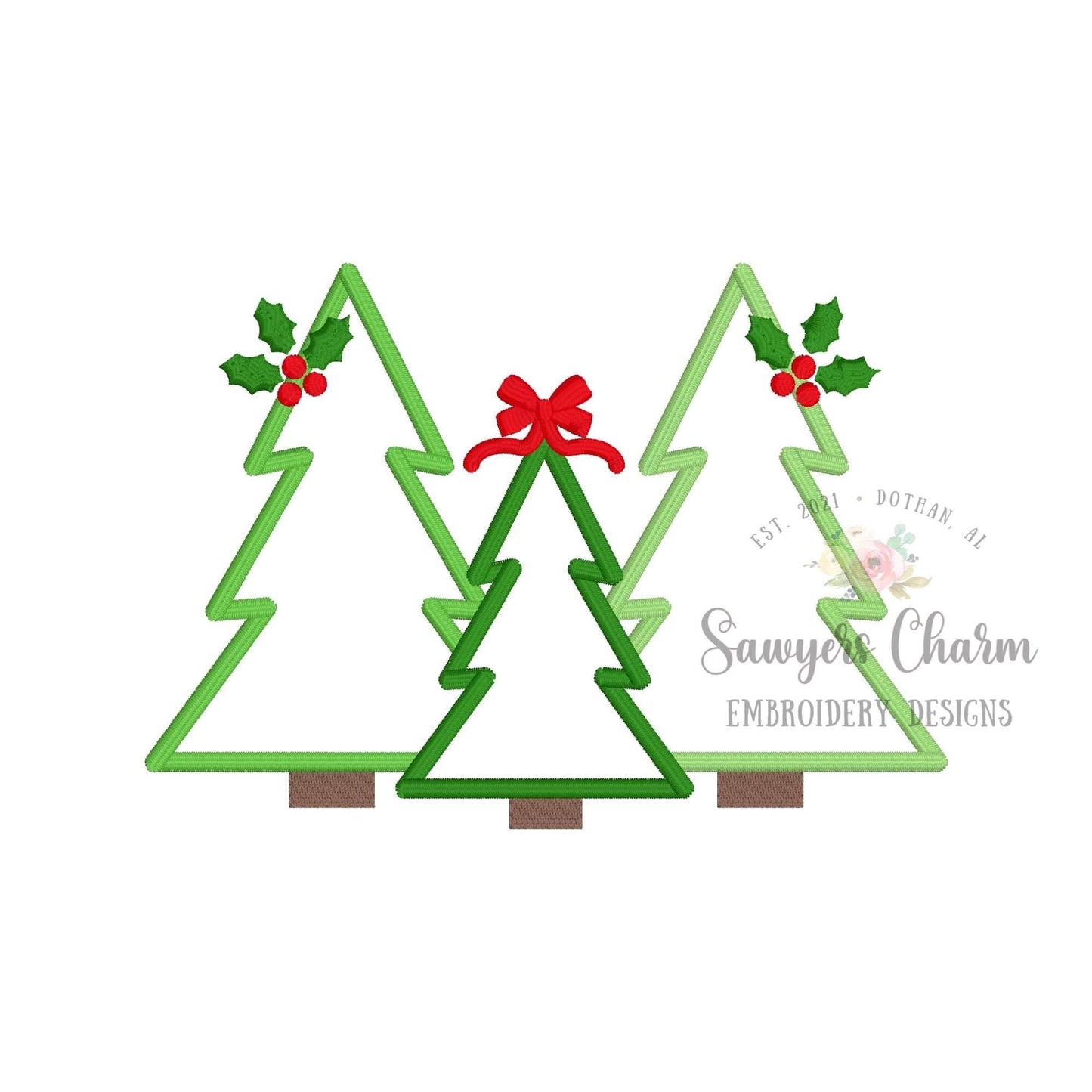 Christmas tree trio with holly berries & bow, satin stitch machine applique, embroidery design file, happy holidays, boho/woodland