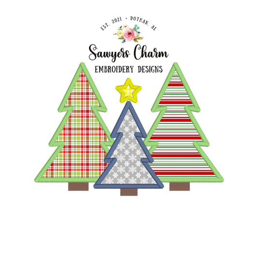Christmas tree trio with star, satin stitch machine applique, embroidery design file, happy holidays, boho/woodland