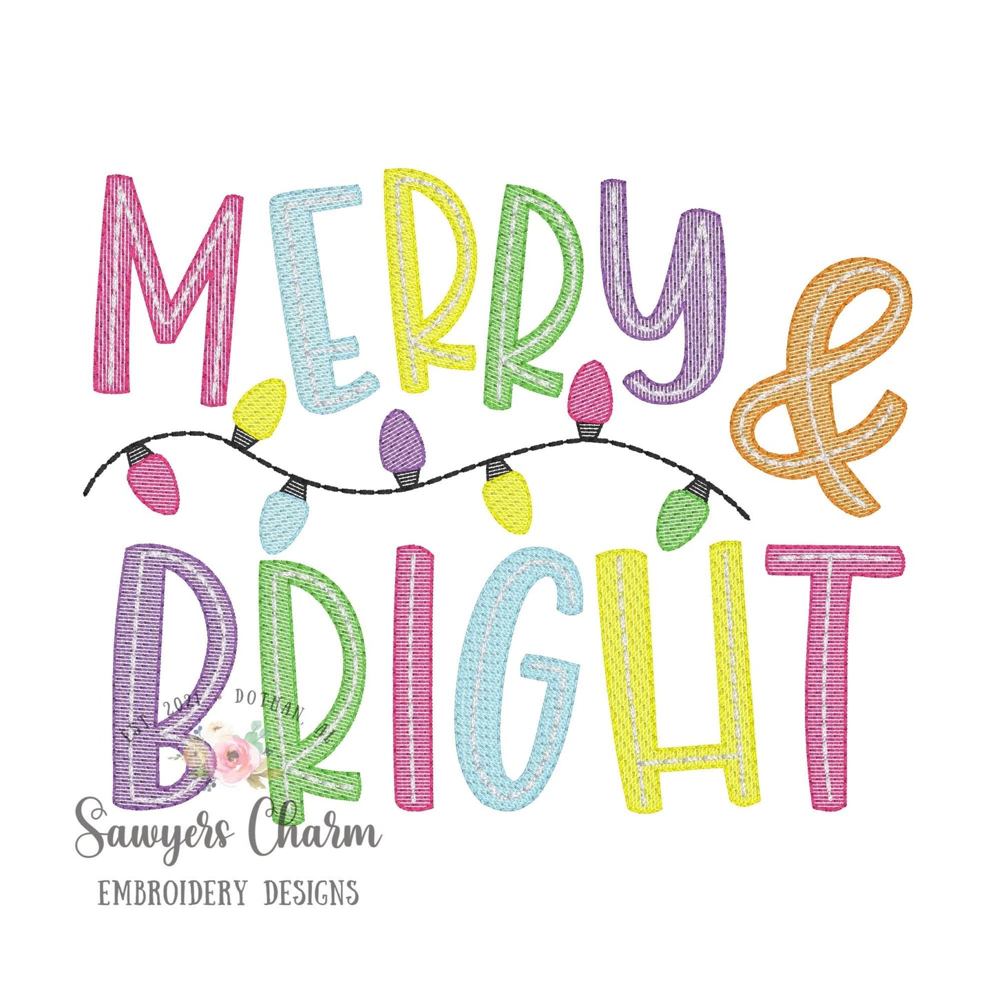 Merry & Bright with one strand of lights sketch stitch machine embroidery design file, quick stitch, Christmas, happy holidays, holly jolly