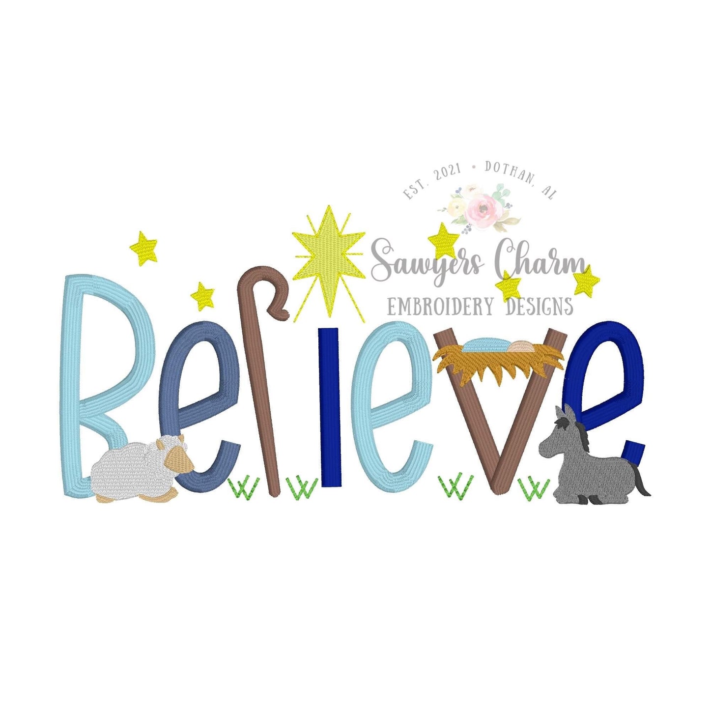 BELIEVE Baby Jesus Nativity, Bethlehem star, donkey, sheep machine embroidery design file, satin stitch letters, mini fill, Christmas story