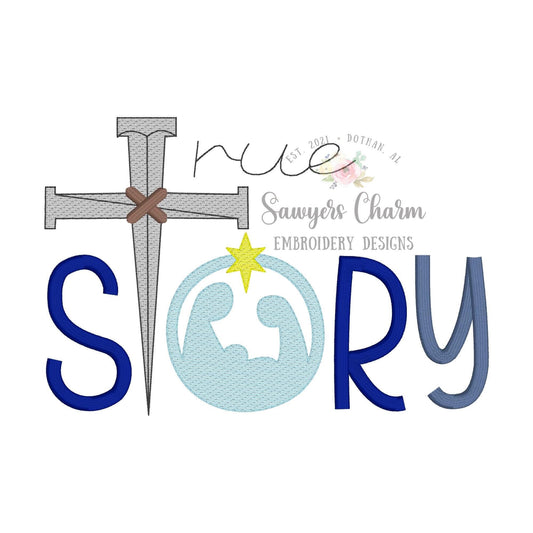 TRUE STORY Baby Jesus Nativity, Bethlehem star, cross & nails sketch stitch machine embroidery design file, satin stitch letters, Christmas