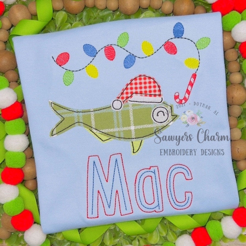 Christmas Santa fish bean stitch machine applique design file, fishing pole, sketch stitch Christmas lights, candy cane, holiday season