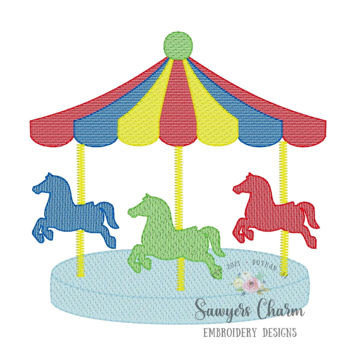 Carousel horses ride sketch stitch machine embroidery design file, festival, rides, state fair, quick stitch, bean stitch details