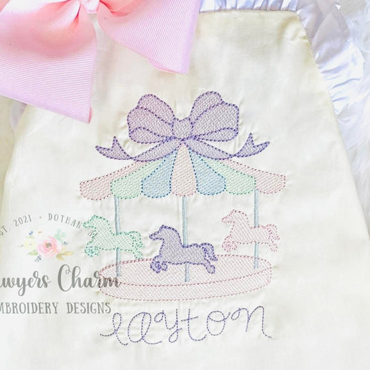 Carousel horses ride with bow sketch stitch machine embroidery design file, festival, rides, state fair, quick stitch, bean stitch details