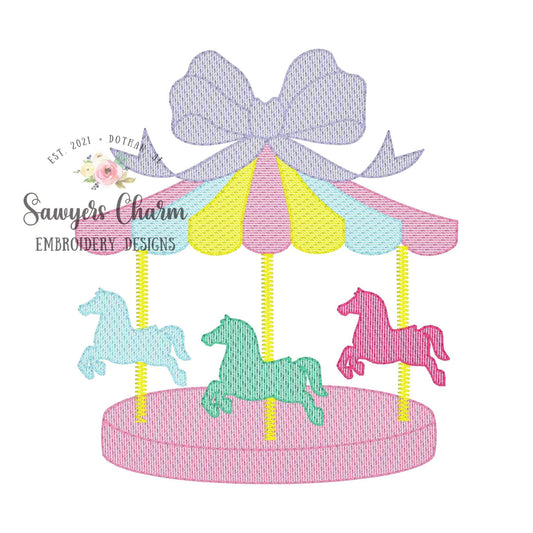 Carousel horses ride with bow sketch stitch machine embroidery design file, festival, rides, state fair, quick stitch, bean stitch details