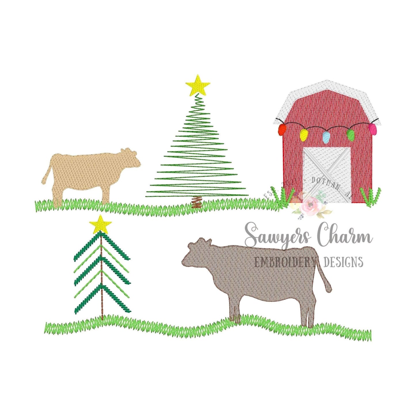 BUNDLE Christmas farm with two cows with stars & bow sketch stitch machine embroidery design file quick stitch, farm animals, rustic