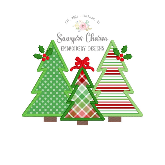 Christmas tree trio with holly berries & bow, satin stitch machine applique, embroidery design file, happy holidays, boho/woodland