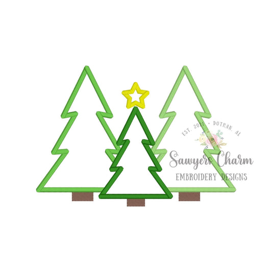 Christmas tree trio with star, satin stitch machine applique, embroidery design file, happy holidays, boho/woodland