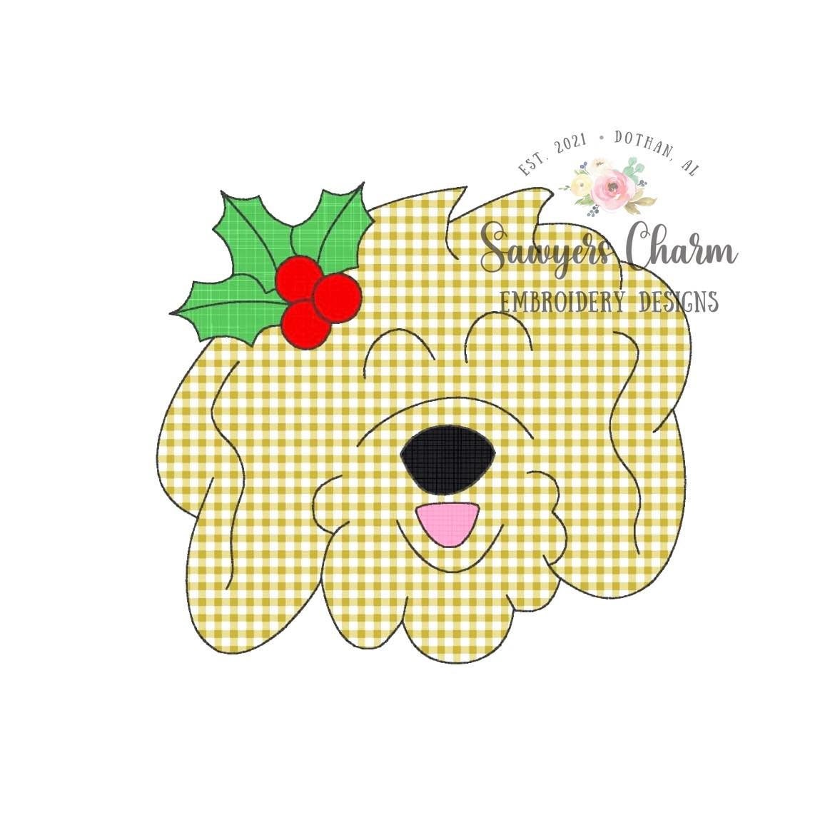 Christmas golden doodle with holly berries bean stitch machine applique embroidery design file, holidays, labradoodle, Merry Christmas