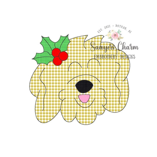 Christmas golden doodle with holly berries bean stitch machine applique embroidery design file, holidays, labradoodle, Merry Christmas