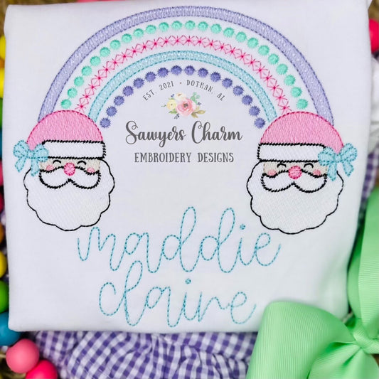 Santa Claus with bows rainbow sketch stitch machine embroidery design