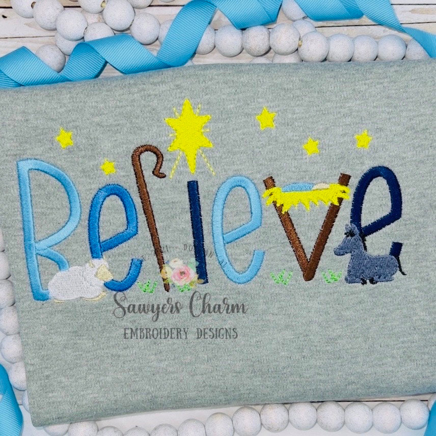 BELIEVE Baby Jesus Nativity, Bethlehem star, donkey, sheep machine embroidery design file, satin stitch letters, mini fill, Christmas story
