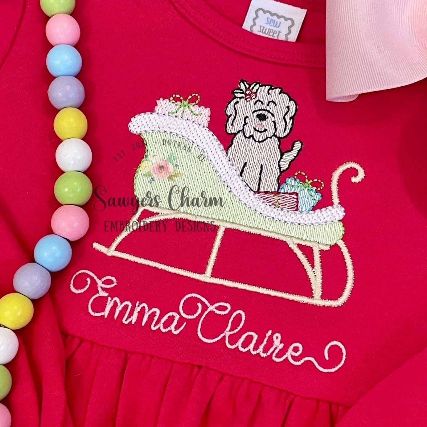BUNDLE sleigh with (girl/boy) golden doodle & presents sketch stitch machine embroidery design file, holidays, Santa Claus, Merry Christmas