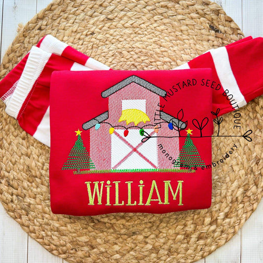 Christmas Barn with trees and stars & lights sketch stitch machine embroidery design file, quick stitch/bean stitch details, rustic farm