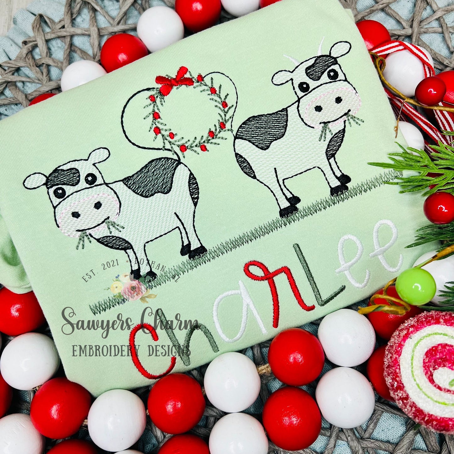 Christmas Cows with wreath & bow sketch stitch machine embroidery design file, quick stitch, bean stitch, farm animals, happy holidays santa