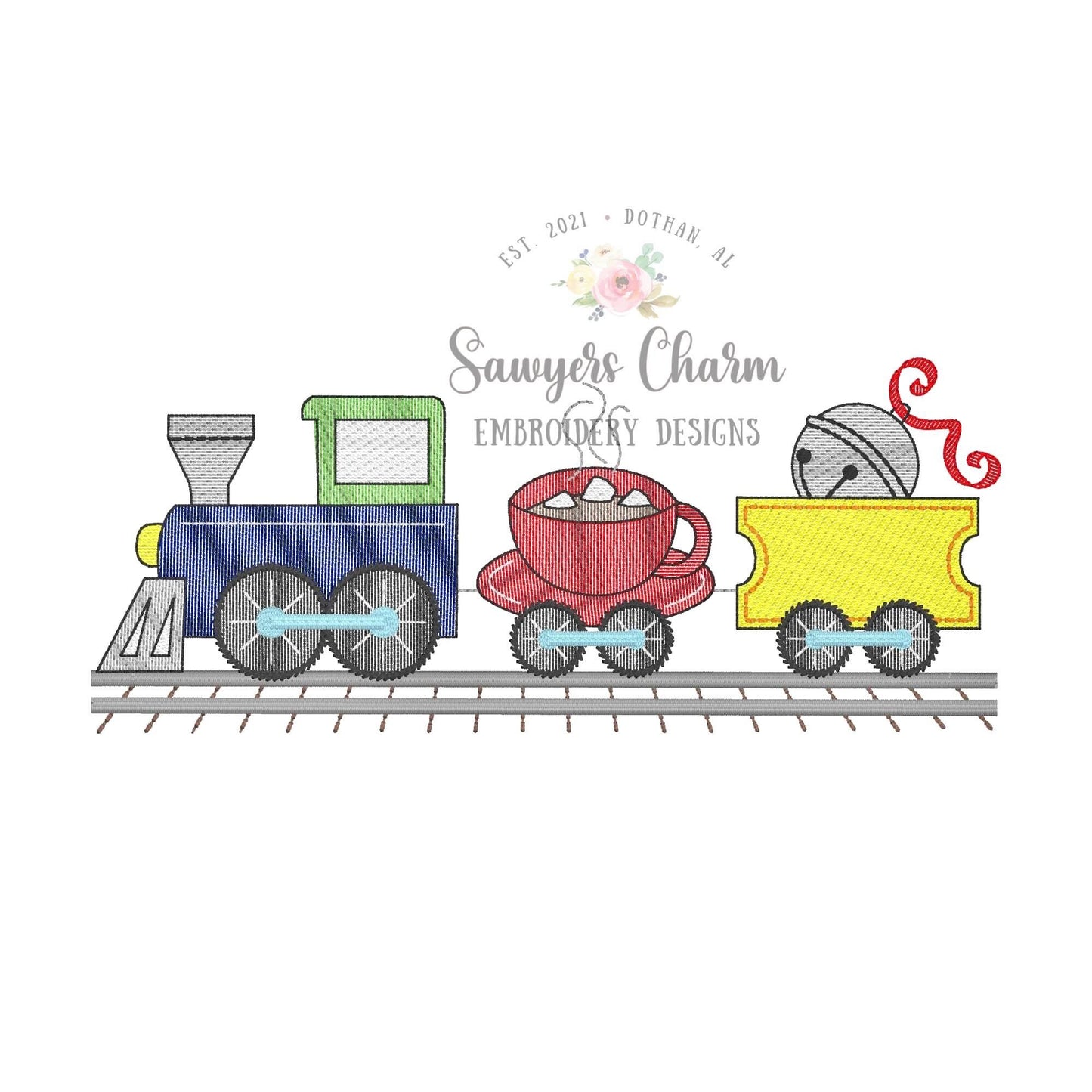 Christmas steam engine train, hot chocolate, believe ticket, jingle bell sketch stitch machine embroidery design file, happy holidays