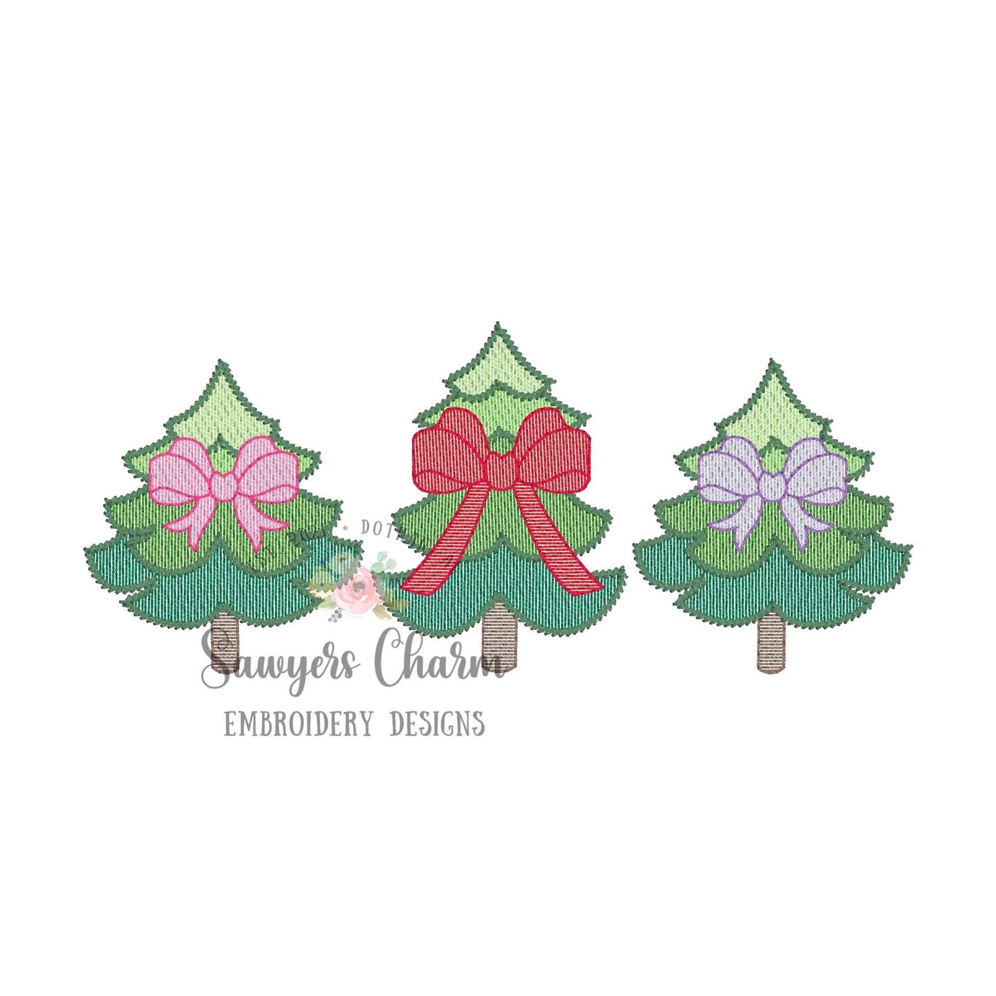 Whimsy Christmas trees with bows sketch stitch trio, machine embroidery design file, quick stitch, holidays, bean stitch details, woodland