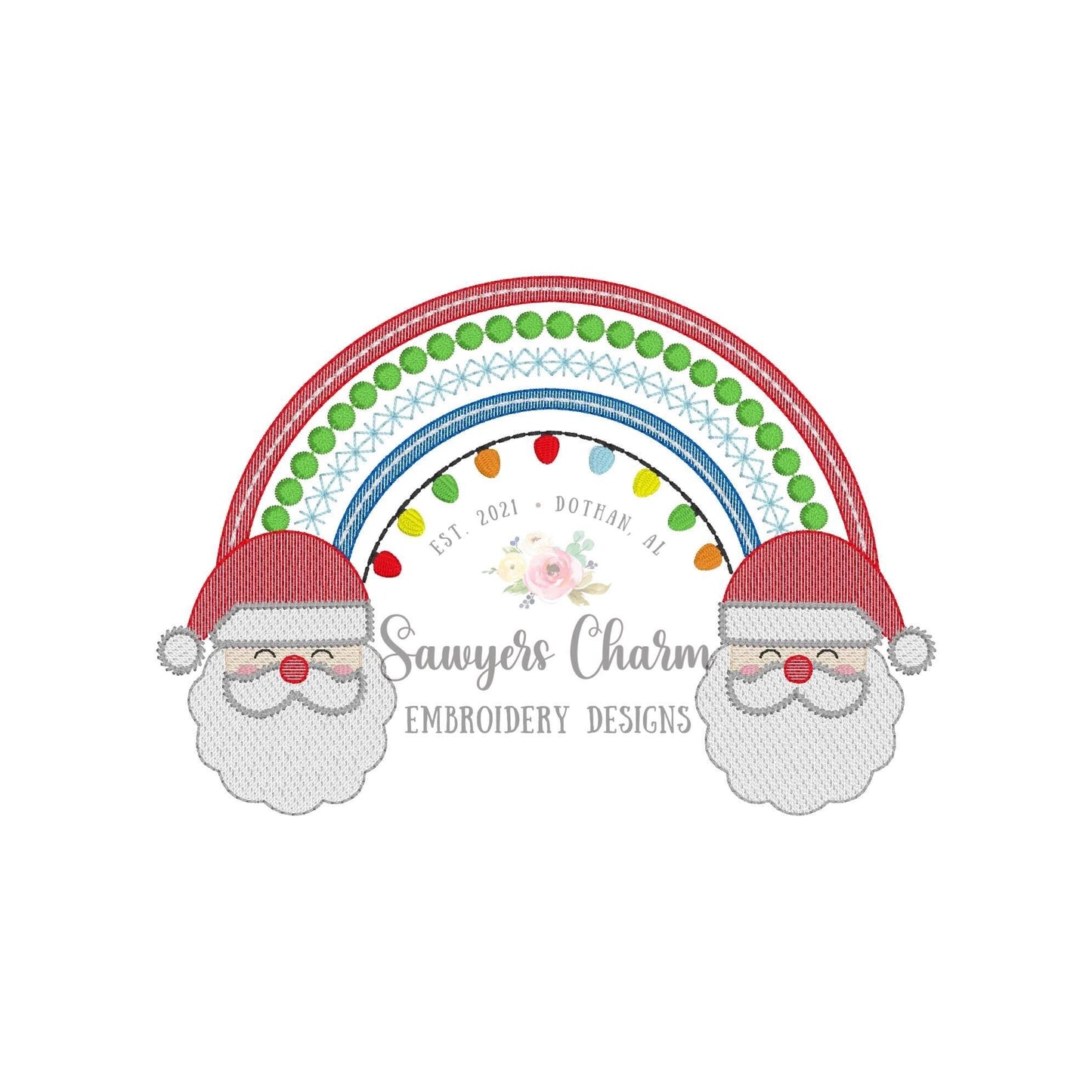 Santa Claus rainbow with lights sketch stitch machine embroidery design file, quick stitch, Merry Christmas, happy holidays, holly jolly